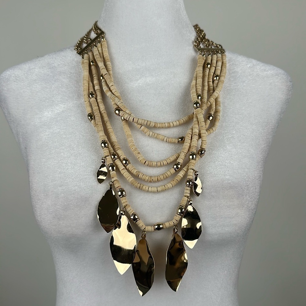 Linea by Louis Dell'Olio Leaf Wood Bead Necklace and Earring Set 21" GoldTone